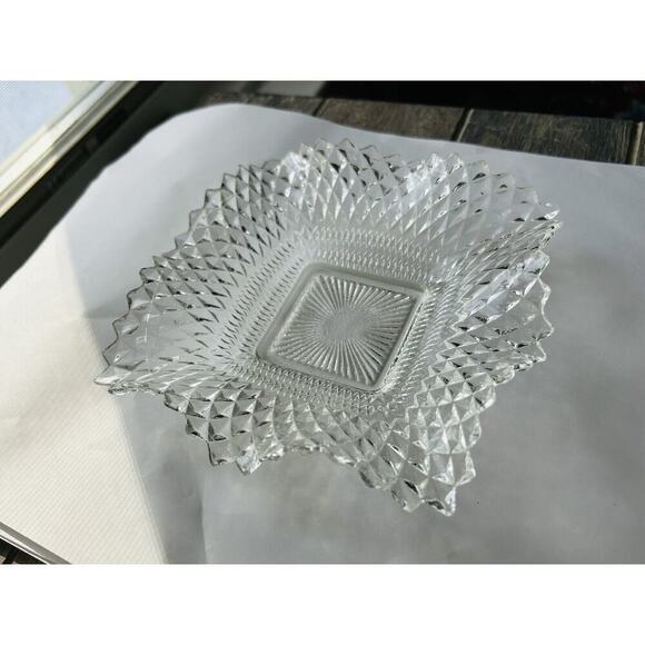Indiana Glass Clear Depression Glass Square Ruffled Diamond Point 7" Dish Vintag - Picture 13 of 15